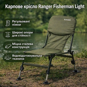 Кресло туристическое карповое складное Ranger Fisherman Light для кемпинга, рыбалки и отдыха, компактное RA2224