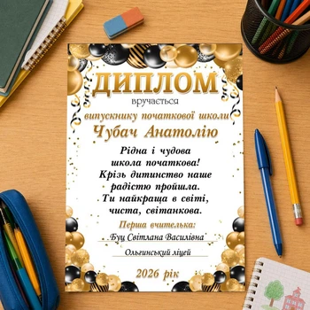 Диплом "Выпускник начальной школы", золотые шарики, формат А4, именной для мальчика