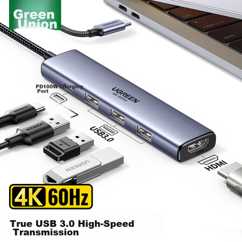 Док-станция расширения UGREEN Type-C Thunderbolt Hub с портом HDMI, расширителем 4K 60 Гц, USB-адаптером для компьютеров Apple, Xiaomi, Huawei, ноутбуков Macbook Neo, конвертером порта C.