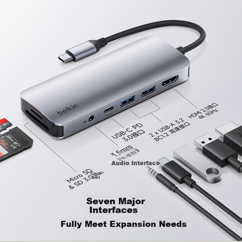 Док-станция расширения BELKIN Type-C, эффективный 7-дюймовый адаптер для iPad, конвертер для компьютеров Apple, поддержка питания PD 100 Вт, зеркальное отображение экрана HDMI, устройство чтения карт USB/SD AVC009-V2