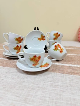 Кавовий сервіз "Червоно-оранжеві квіти" від IDEAL Сeramic, 12 предметів (6 чашок + 6 блюдець)