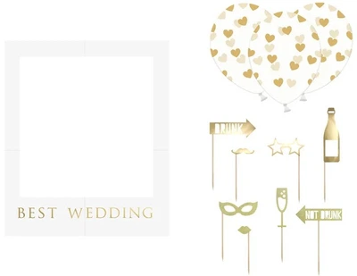 Zestaw z ramką do selfie PartyDeco Best Wedding 12 szt Biało-złoty (PBF2) (5900779104044)