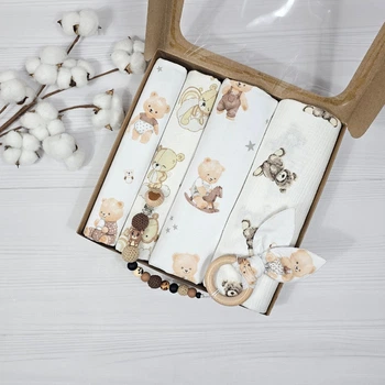Набор для новорожденного: 4 пеленки и грызунец с держателем a.l.babybox Медвежьи приключения