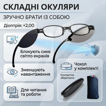 Очки складные с защитой от синего света FleinOptic, черные, диоптрия +2,00