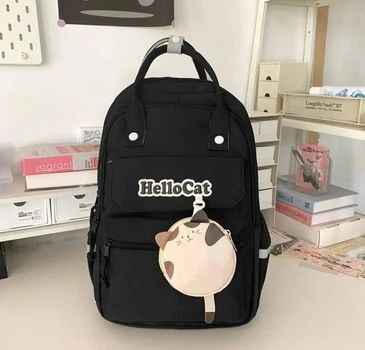 Большой вместительный текстильный рюкзак с ручками и кошельком "Hello Cat". Черный