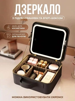 Косметичка органайзер портативная водонепроницаемая с LED зеркаломи и подсветкой нейлон дорожная сумка для макияжа путешествий черная