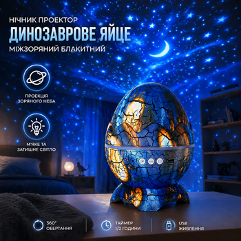 Нічник-проектор зоряного неба Динозаврове яйце K850 Blue: 21 режим, Bluetooth-колонки, білий шум, пульт ДК