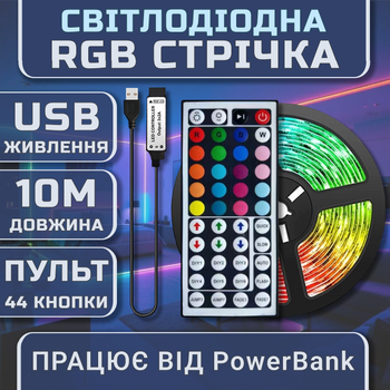 Світлодіодна стрічка комплект 10м з пультом 44 кнопки LED RGB SMD3535 USB 5V 15 світлодіодів на метр