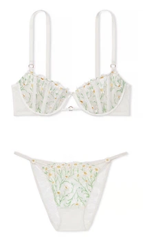 Комплект Victoria’s Secret Wicked Unlined Daisy Chain Embroidery Balconette Bra (Бюстгальтер +трусики)Білий з різнобарвним 80D+S