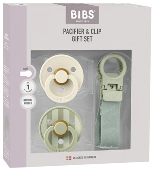Подарунковий набір: 2 пустушки BIBS Colour STUDIO розмір 1 і тримач Loop Clip Sage, 0 міс.+