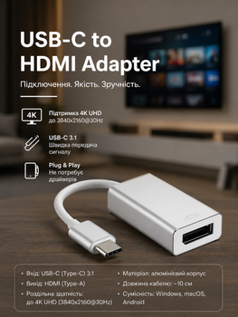 Адаптер USB-C to HDMI 4K (3840×2160) — переходник Type-C to HDMI, Plug and Play, алюминиевый корпус