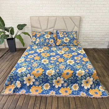 Мусліновий плед покривало Cappone Сонячні Квіти 4 шари 200×230 см, синій