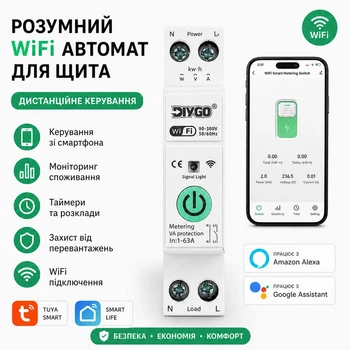 Розумний WiFi автомат захисту 63А Tuya SmartLife DIN рейка 1P+N з контролем напруги, струму та потужності
