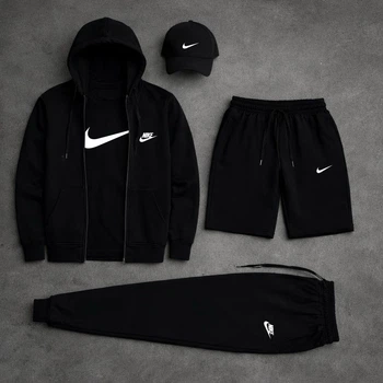 Костюм чоловічий 5 в 1 шорти кепка футболка зіп худі штани Nike чорний M