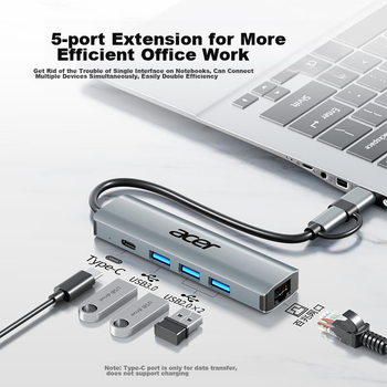 Адаптер Acer Type-C/USB на Ethernet, концентратор-розгалужувач, концентратор-спліттер, мережевий кабель для ноутбука, адаптер RJ45, конвертер, док-станція розширення для робочого столу
