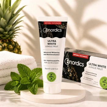 Зубная паста Nordics Ultra White Jungle Fruit, 75 мл – отбеливающая, с гидроксиапатитом, углем и ферментом ананаса, без фтора
