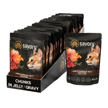 Блок влажных кормов для котят Savory Cat Pouch for Kitten, with Lamb and Pumpkin, ягненок с тыквой в желе, пауч 22 шт х 85г (2700000029329)