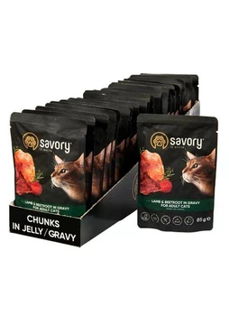 Блок влажных кормов для кошек Savory Cat Pouch for Adult, with Lamb and beetroot in Gravy, ягненок со свеклой в соусе, пауч 22 шт х 85г (4820261920123)