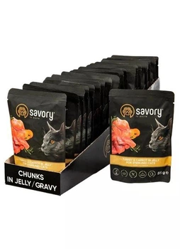 Блок вологих кормів для стерилізованих котів Savory Cat Pouch for Sterilised, with Turkey and Carrot, індичка з морквою в желе, пауч 22 шт х 85г (2700000029343)