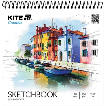 Скетчбук на спирали для акварели Kite Creative K-1285, 21*21 см, 20 листов