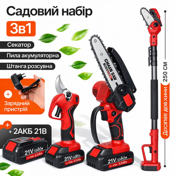 Садовий набір 3в1 акумуляторний секатор і пила 6" зі штангою 2 м висоторіз 24V 5.0Ah червоний