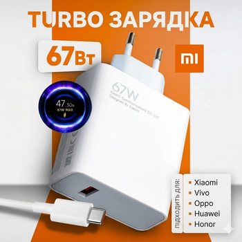 Турбо зарядка 67w Turbo Charge блок + кабель Type-C анимация Белый