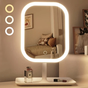 Зеркало для макияжа с подсветкой LED настольное косметическое сенсорное с подставкой белое