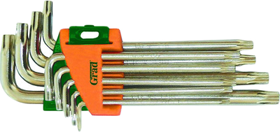 Комплект ключей Torx с отверстием Grad короткие 9 предметов, Т10-Т50, Cr-V (4022275)
