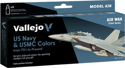 Zestaw farb akrylowych Vallejo Model Air - Wojna powietrzna - Kolory marynarki wojennej USA i USMC od lat 70. do dziś 8 szt x 18 ml (8429551711555)