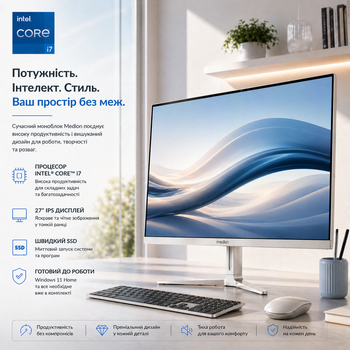 Моноблок 27" Medion (Lenovo Group) Akoya E27401 | Intel Core i7-1065G7 | IPS (1920x1080) FullHD | RAM 16 ГБ | SSD NVME 512 ГБ | Intel Iris Plus Graphics | Wi-Fi 5 | Bluetooth 5.0 | Тонкий корпус | Win11 (5213) - Уцінка