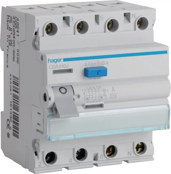 Диференційний вимикач Hager RCCB 3P+N 40A 30mA 6kA A CDA440J (3250611619529)