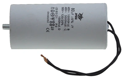 Конденсатор JYUL CBB-60L 80мкф - 450 VAC болт + провода (45*93 mm) арт.кон170
