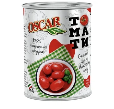 Томати Oscar очищені цілі у власному соку, 400 г ж/б Италия