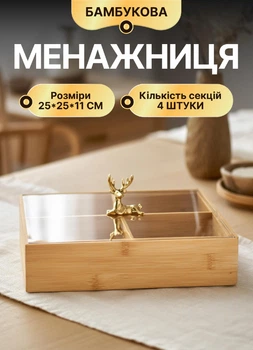 Менажница бамбуковая HB-40-1 секционная 4 отделения с крышкой 25х25 см для закусок и сыра