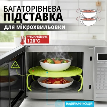 Багаторівнева підставка для мікрохвильової печі складна, піднос органайзер для розігріву страв 23.5 см, термостійкий пластик (PP), зелений