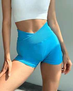 Спортивные женские короткие шорты Soft SQ с перекрестным поясом и эффектом push up для фитнеса, йоги, танцев Бесшовные с утяжкой Однотонные L Ярко-голубые (SQSH08L)
