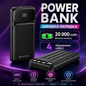 Портативний зарядний пристрій 20000 мА·год, Power Bank з 4 вбудованими кабелями (USB Type-A, Type-C, Micro USB, Lightning), цифровий дисплей заряду, чорний, універсальний, компактний