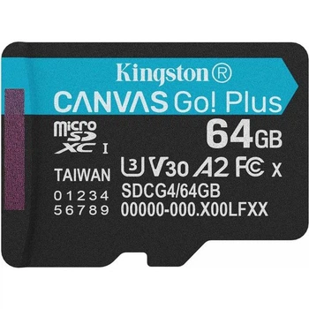 Карта памяти Kingston MicroSDXC 64GB Canvas Go Plus (SDCG4/64GB), Gen4, U3, А2, класс 10, V30, до 200 МБ/с, TF карта