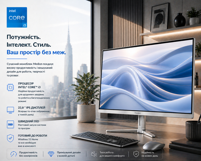 Моноблок 23.8" Medion (Lenovo Group) Akoya E23405 | Intel Core i3-1115G4 | IPS (1920x1080) FullHD | RAM 8 ГБ | SSD 512 ГБ | Intel Graphics | Wi-Fi 5 | Bluetooth 5.0 | Тонкий корпус | Win11 (5188) - Уценка