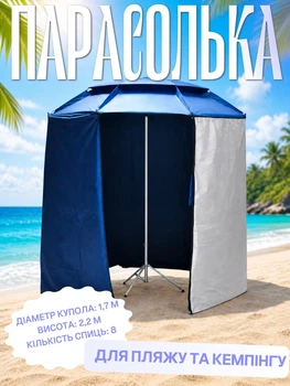 Парасолька намет для пляжу та кемпінгу з фартухом із оксфорду та алюмінію 170х220 см Парасоля кемпінгова із круговим захисним екраном від сонця дощу вітру та піску Синій