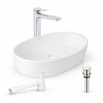 Комплект для ванной Qtap Kolibri 500x360 мм White с накладной раковиной, высоким смесителем Arvin Chrome, донным клапаном PU02 и сифоном (47311/48639)