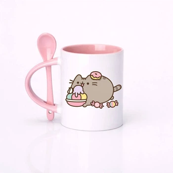 Чашка керамическая с ложкой глянцевая Pusheen Пушин 330 мл (ПУ031394)