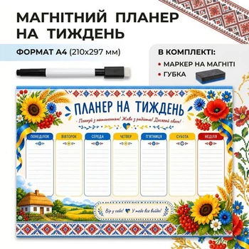 Магнитный планер на неделю на магнитной основе "Украинский" с маркером и губкой А4 20х30 см 1 шт (MP06-4)