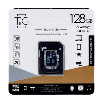 Карта памяти T&G MicroSDXC 128ГБ UHS-3 10 Class с адаптером черная для хранения данных