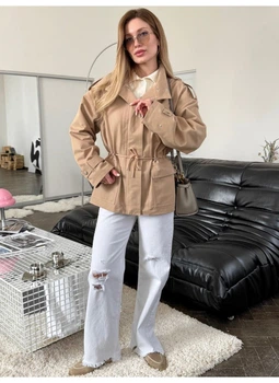 Парка жіноча весняна з накладними кишенями та затяжками на талії Modern Boutique бежевий, S Ку014