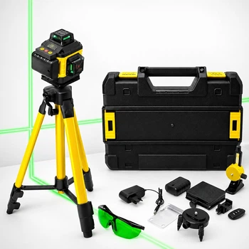 Лазерний рівень нівелір Laser Level 4D 2 акумулятори 16 ліній зелений промінь зі штативом у кейсі жовтий