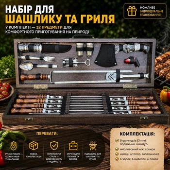 Набір шампурів для шашлику Гриль-2, ручна робота, подарунковий набір для пікніка