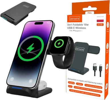 Ładowarka bezprzewodowa Zenwire 3-in-1 Wireless Charger USB-C for iPhone Samsung Watch QI 15W A11B Black (5904507529741)