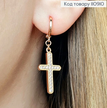 Серьги кольца с подвесным Крестиком(2,3+1,2) в камешках, диаметр 1,1см, XUPING 18К