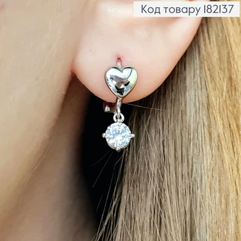 Серьги родованные кольца "Сердце" с Блестящим камнем, размером 1.2см, Xuping